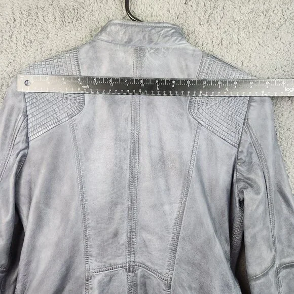 Y2K Vegan Faux Leather Cafe Racer Moto Jacket Women's Small Slate Blue Petina - Picture 5 of 13
